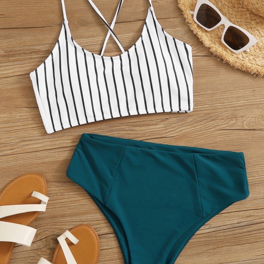 Striped Lace-Up Back High Waisted Bikini